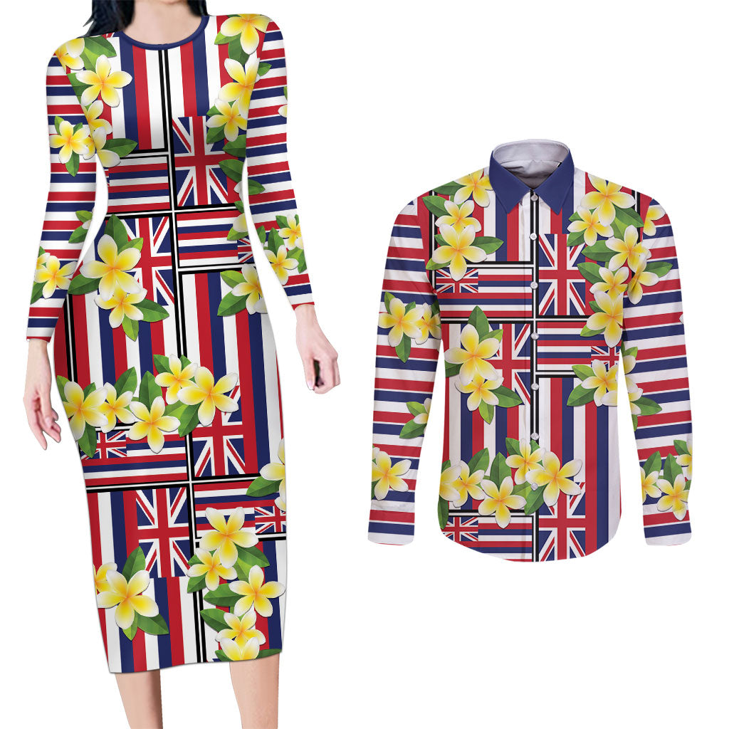 Hawaii Plumeria Lei Couples Matching Long Sleeve Bodycon Dress and Long Sleeve Button Shirt Hawaiian Flag Motif