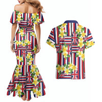 Hawaii Plumeria Lei Couples Matching Mermaid Dress and Hawaiian Shirt Hawaiian Flag Motif
