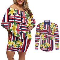 Hawaii Plumeria Lei Couples Matching Off Shoulder Short Dress and Long Sleeve Button Shirt Hawaiian Flag Motif