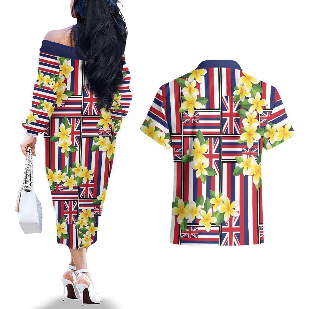 Hawaii Plumeria Lei Couples Matching Off The Shoulder Long Sleeve Dress and Hawaiian Shirt Hawaiian Flag Motif