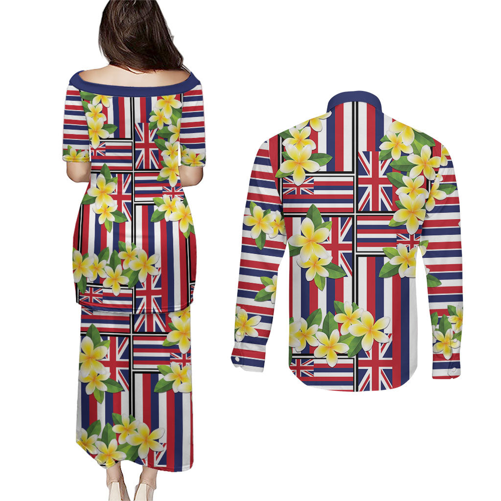 Hawaii Plumeria Lei Couples Matching Puletasi and Long Sleeve Button Shirt Hawaiian Flag Motif