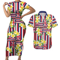 Hawaii Plumeria Lei Couples Matching Short Sleeve Bodycon Dress and Hawaiian Shirt Hawaiian Flag Motif