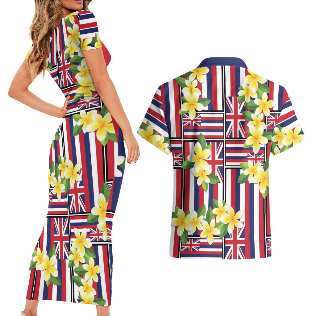 Hawaii Plumeria Lei Couples Matching Short Sleeve Bodycon Dress and Hawaiian Shirt Hawaiian Flag Motif