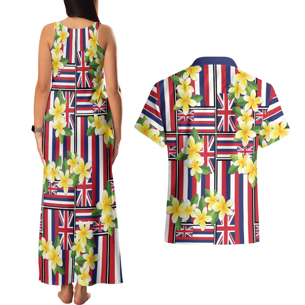 Hawaii Plumeria Lei Couples Matching Tank Maxi Dress and Hawaiian Shirt Hawaiian Flag Motif