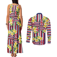 Hawaii Plumeria Lei Couples Matching Tank Maxi Dress and Long Sleeve Button Shirt Hawaiian Flag Motif