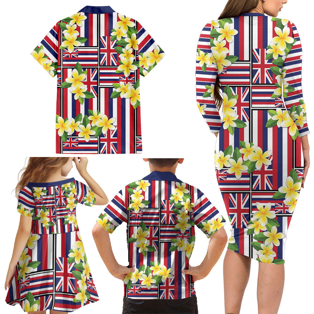 Hawaii Plumeria Lei Family Matching Long Sleeve Bodycon Dress and Hawaiian Shirt Hawaiian Flag Motif