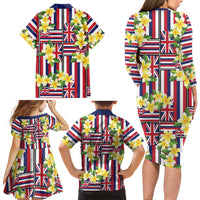 Hawaii Plumeria Lei Family Matching Long Sleeve Bodycon Dress and Hawaiian Shirt Hawaiian Flag Motif