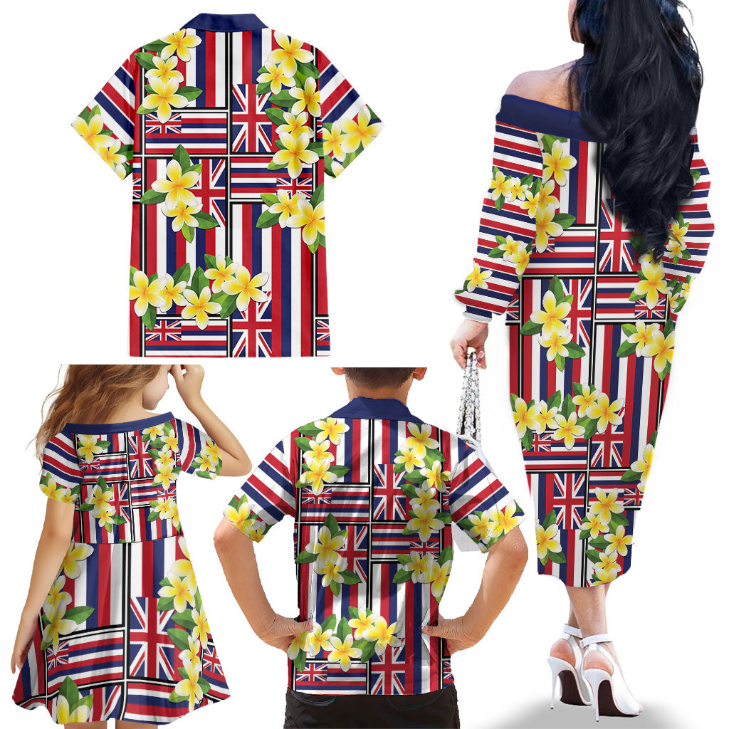 Hawaii Plumeria Lei Family Matching Off The Shoulder Long Sleeve Dress and Hawaiian Shirt Hawaiian Flag Motif