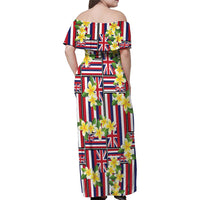 Hawaii Plumeria Lei Family Matching Off Shoulder Maxi Dress and Hawaiian Shirt Hawaiian Flag Motif