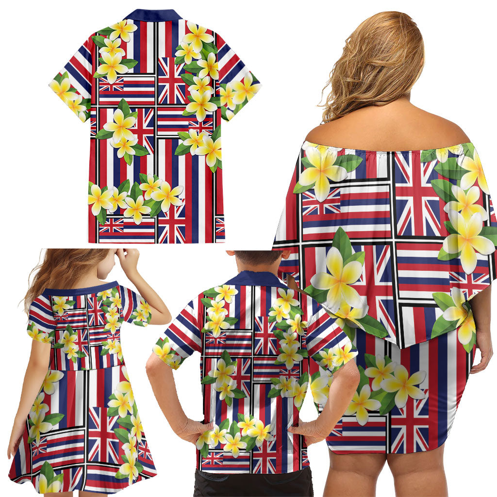 Hawaii Plumeria Lei Family Matching Off Shoulder Short Dress and Hawaiian Shirt Hawaiian Flag Motif