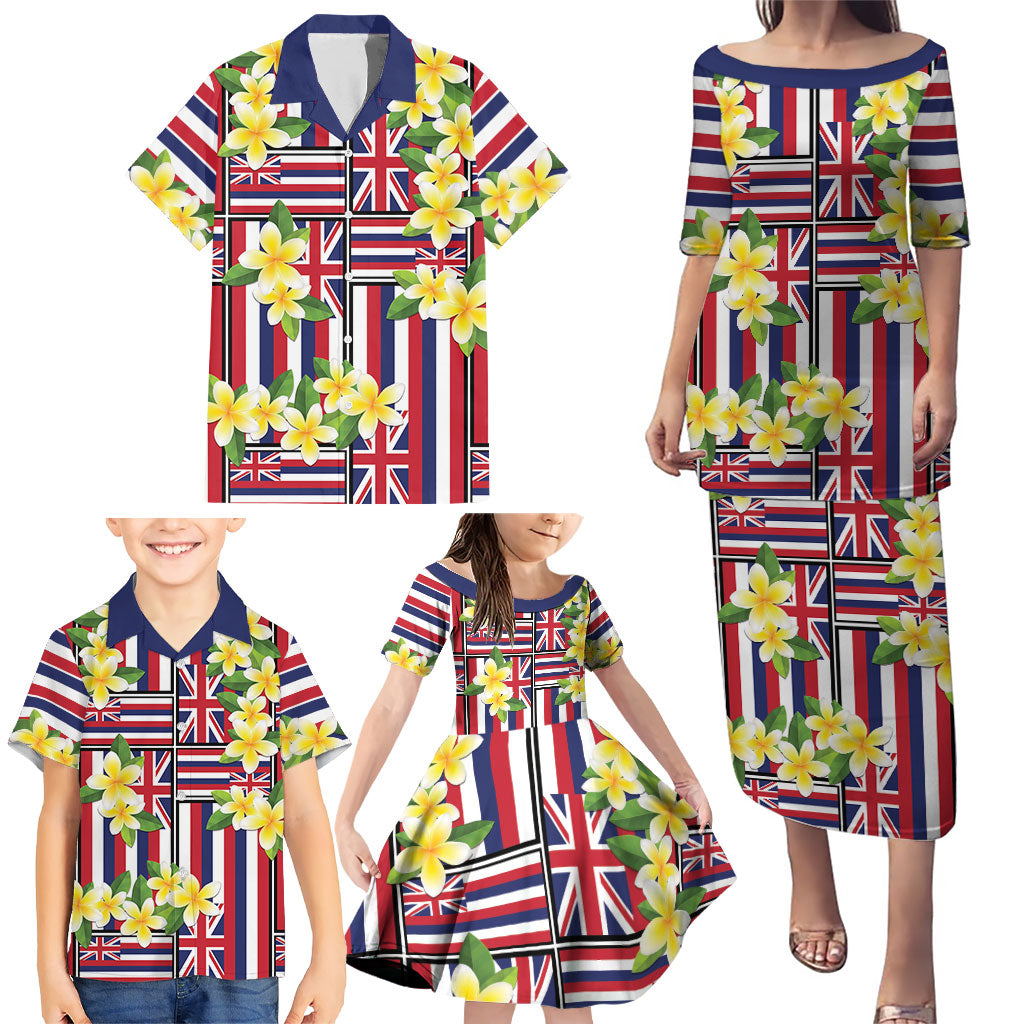 Hawaii Plumeria Lei Family Matching Puletasi and Hawaiian Shirt Hawaiian Flag Motif