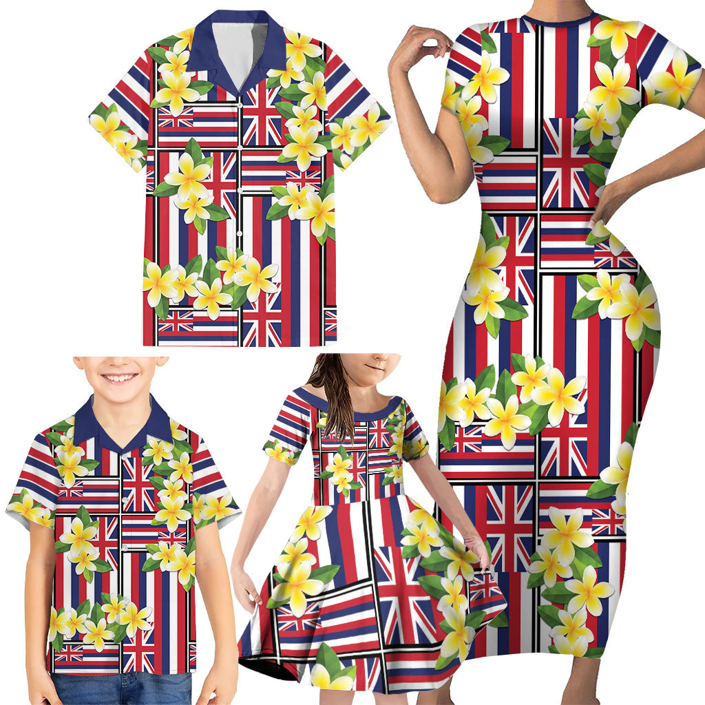 Hawaii Plumeria Lei Family Matching Short Sleeve Bodycon Dress and Hawaiian Shirt Hawaiian Flag Motif