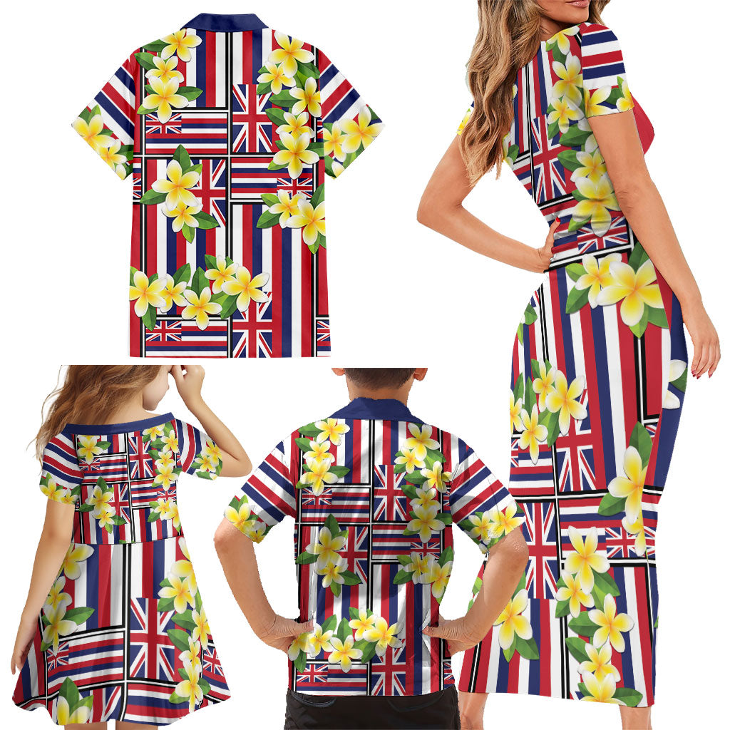Hawaii Plumeria Lei Family Matching Short Sleeve Bodycon Dress and Hawaiian Shirt Hawaiian Flag Motif