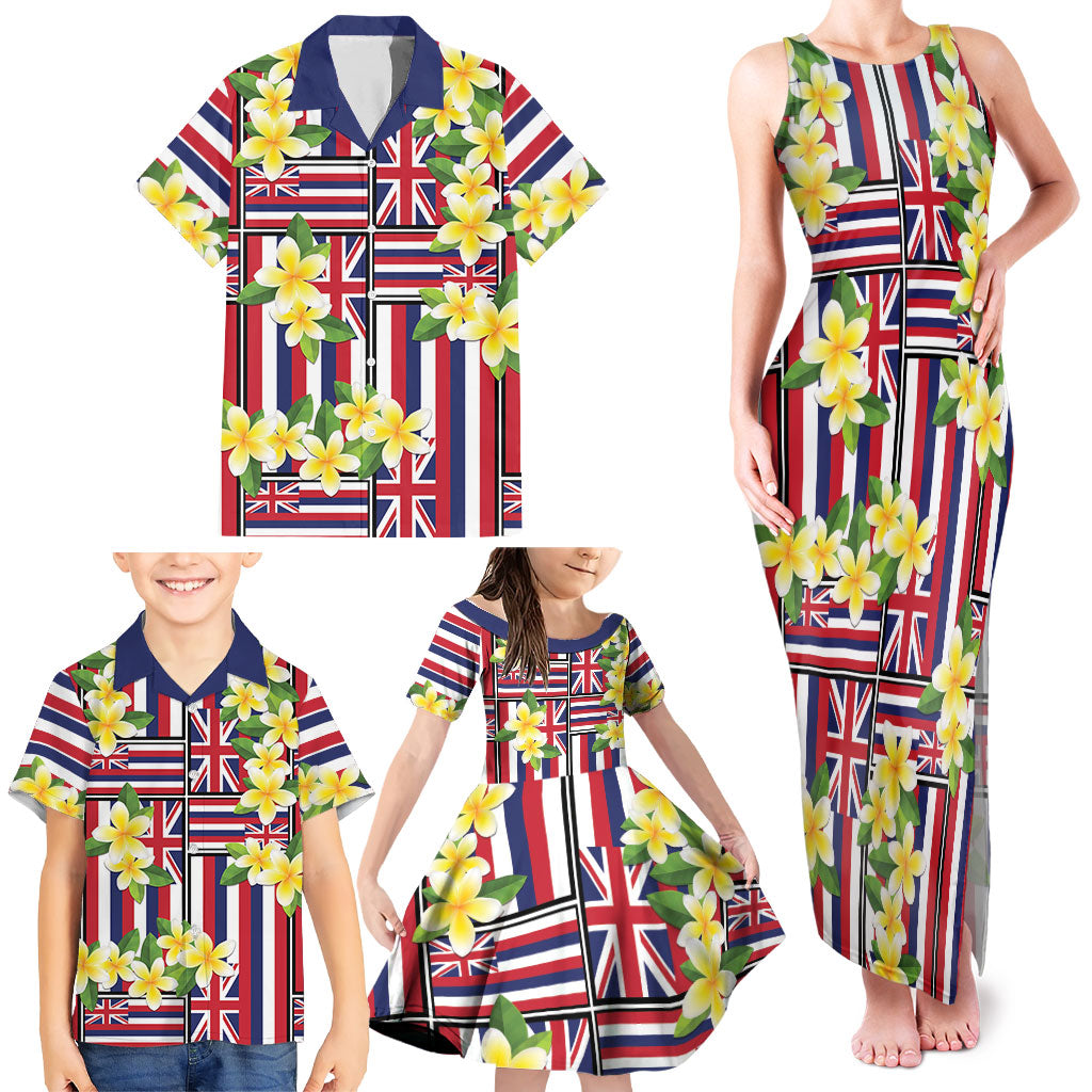 Hawaii Plumeria Lei Family Matching Tank Maxi Dress and Hawaiian Shirt Hawaiian Flag Motif