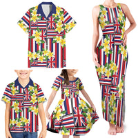 Hawaii Plumeria Lei Family Matching Tank Maxi Dress and Hawaiian Shirt Hawaiian Flag Motif