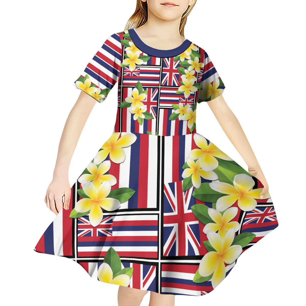 Hawaii Plumeria Lei Kid Short Sleeve Dress Hawaiian Flag Motif