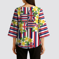 Hawaii Plumeria Lei Kimono Sleeve Blouse Hawaiian Flag Motif