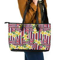 Hawaii Plumeria Lei Leather Tote Bag Hawaiian Flag Motif