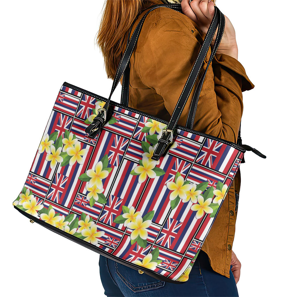 Hawaii Plumeria Lei Leather Tote Bag Hawaiian Flag Motif