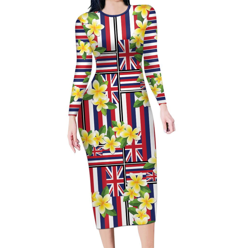 Hawaii Plumeria Lei Long Sleeve Bodycon Dress Hawaiian Flag Motif