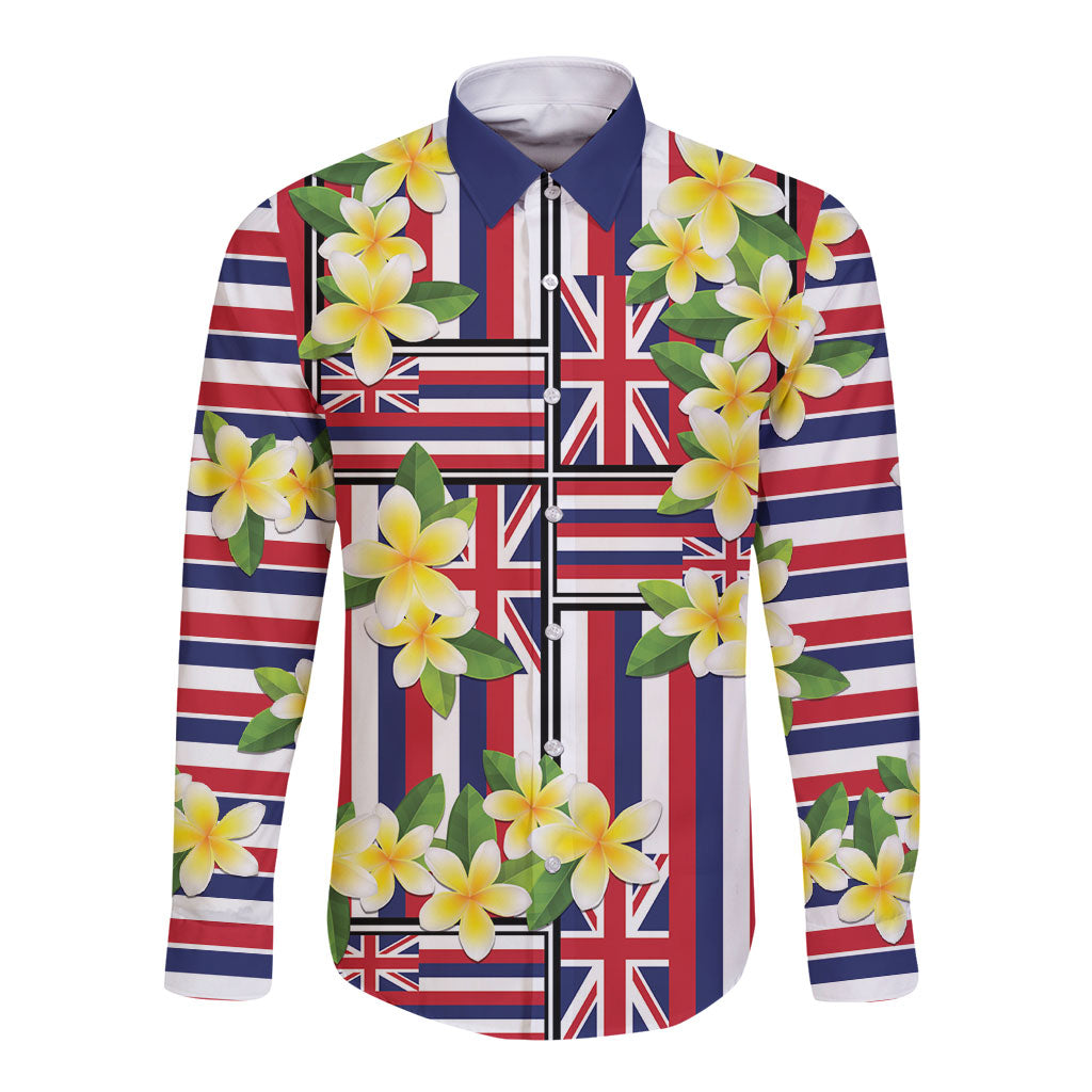 Hawaii Plumeria Lei Long Sleeve Button Shirt Hawaiian Flag Motif LT9 Unisex Red - Polynesian Pride