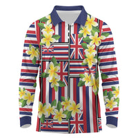 Hawaii Plumeria Lei Long Sleeve Polo Shirt Hawaiian Flag Motif