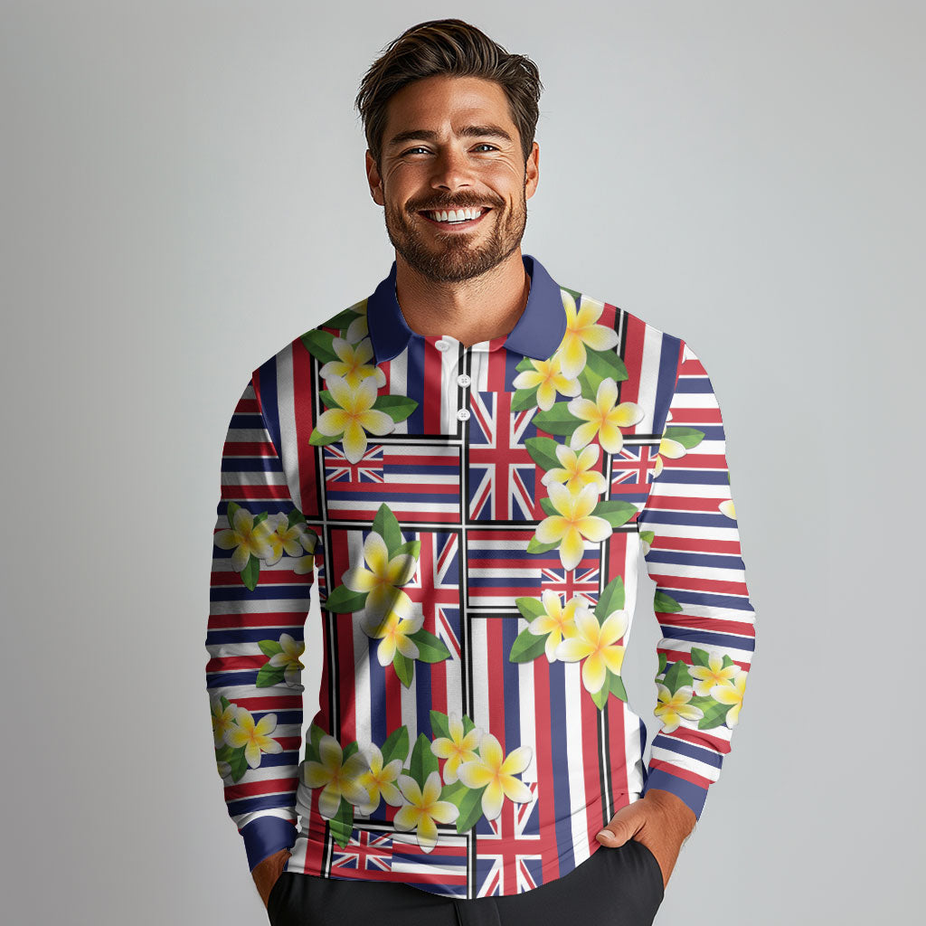 Hawaii Plumeria Lei Long Sleeve Polo Shirt Hawaiian Flag Motif