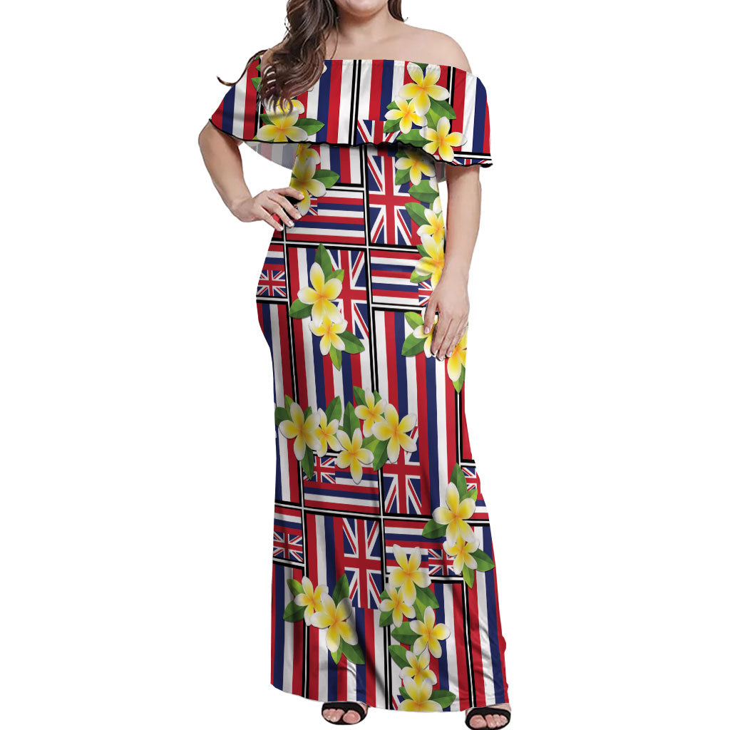 Hawaii Plumeria Lei Off Shoulder Maxi Dress Hawaiian Flag Motif LT9 Women Red - Polynesian Pride