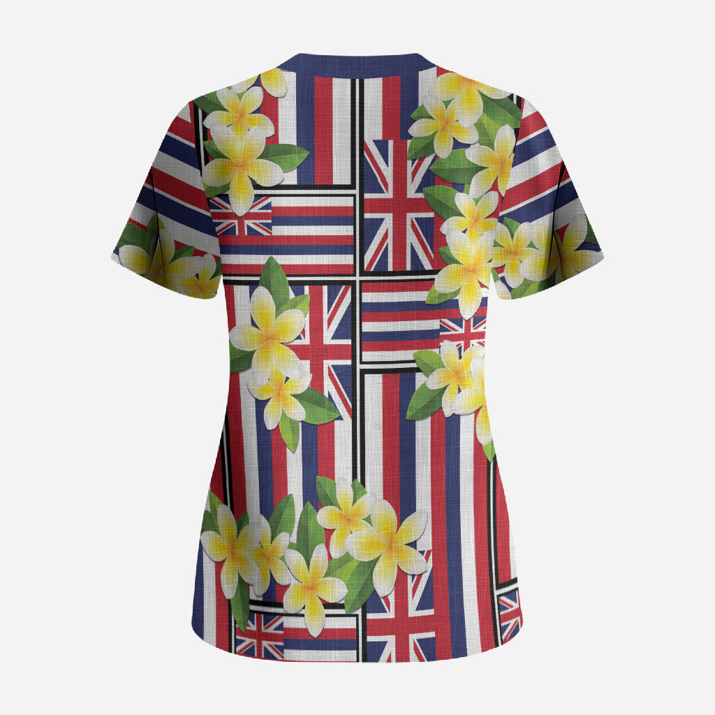 Hawaii Plumeria Lei Scrub Top Hawaiian Flag Motif