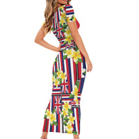 Hawaii Plumeria Lei Short Sleeve Bodycon Dress Hawaiian Flag Motif