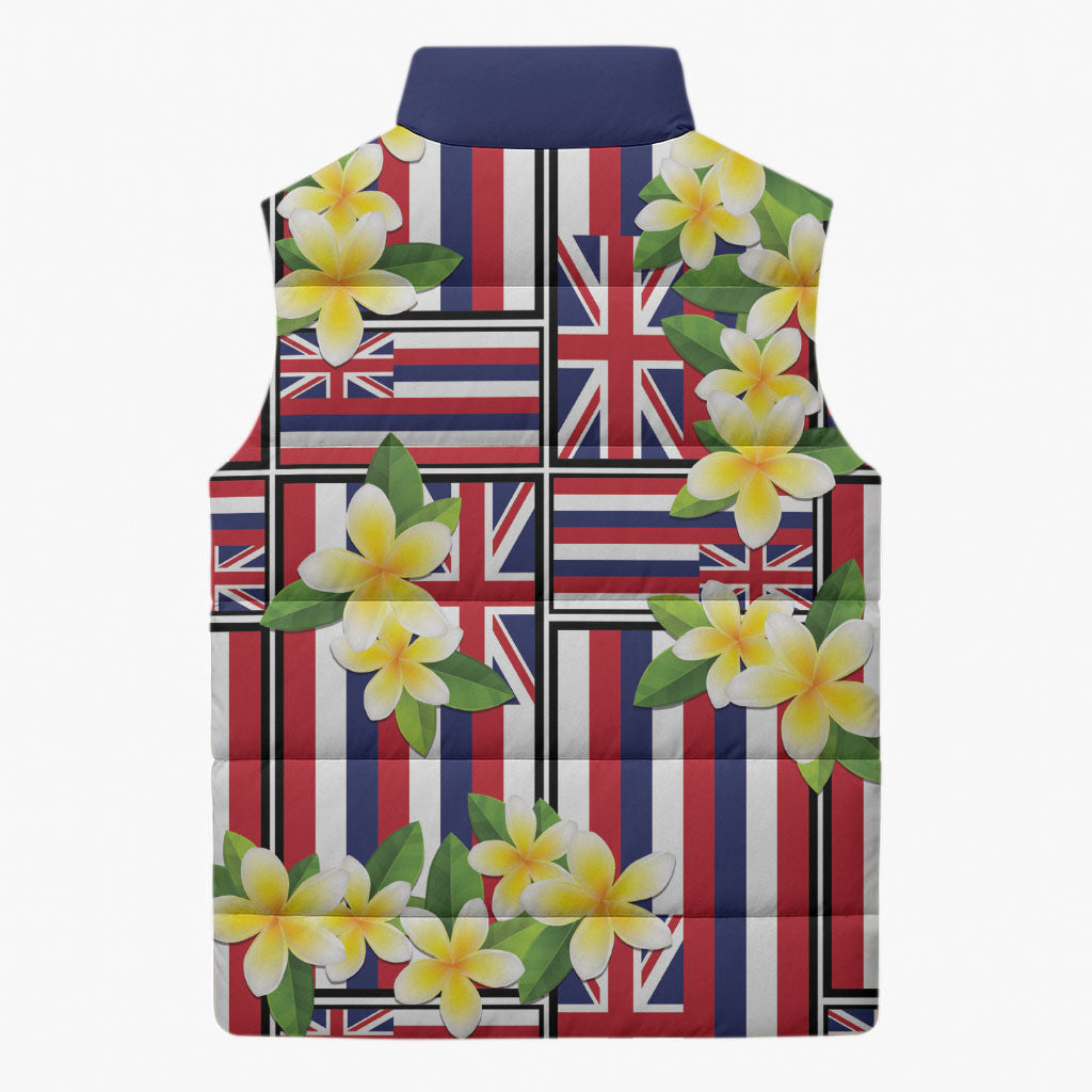 Hawaii Plumeria Lei Sleeveless Puffer Jacket Hawaiian Flag Motif