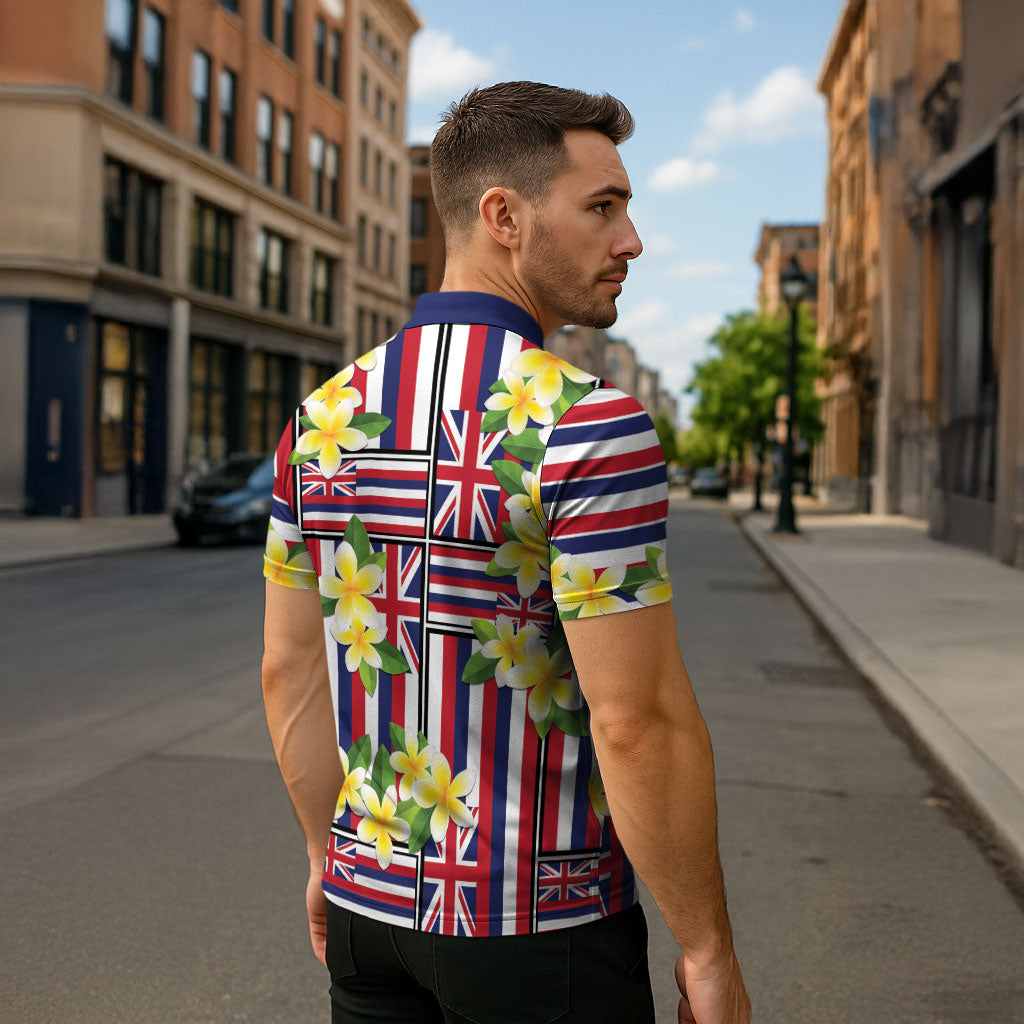 Hawaii Plumeria Lei Zipper Polo Shirt Hawaiian Flag Motif