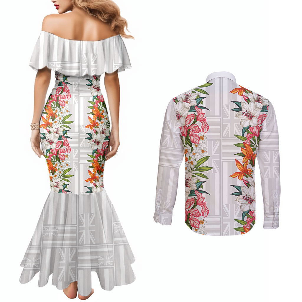 Hawaii Tropical Twist Lei Couples Matching Mermaid Dress and Long Sleeve Button Shirt Hawaiian Flag Motif