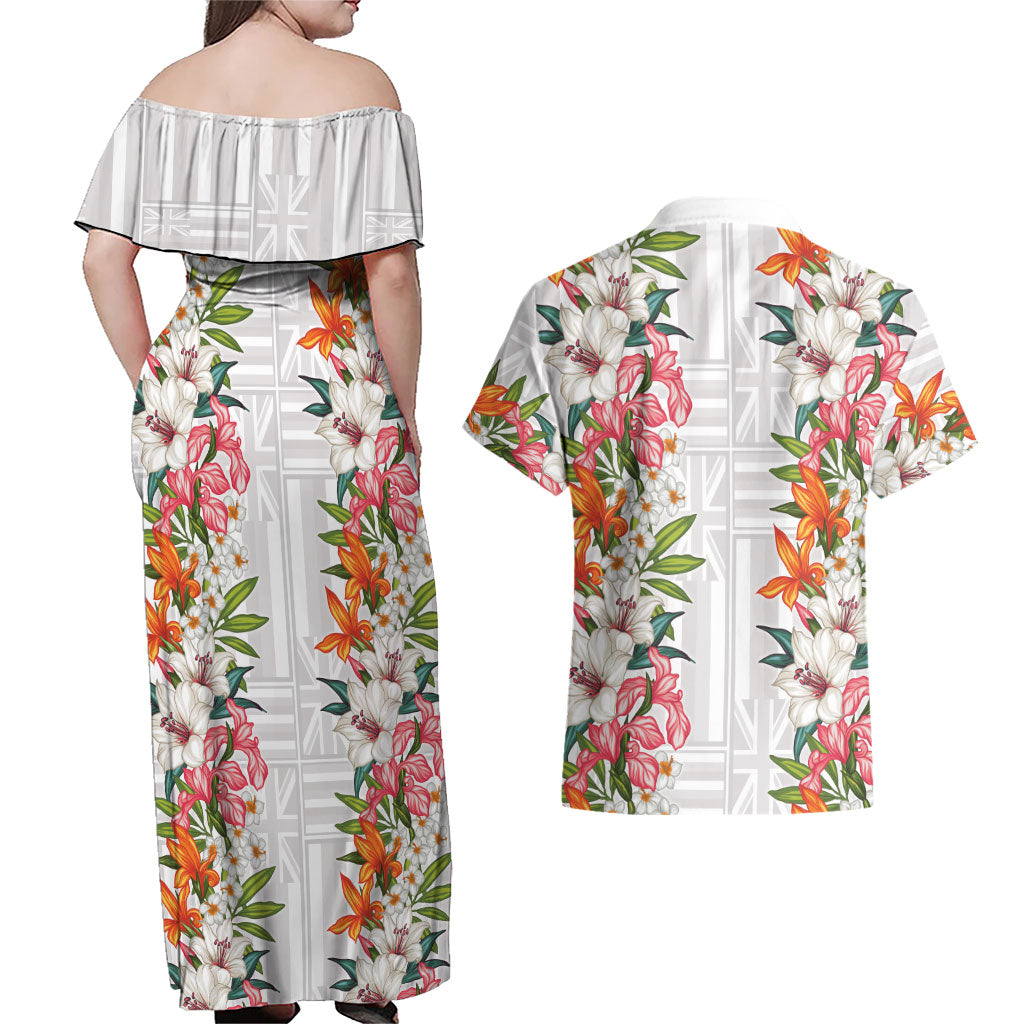 Hawaii Tropical Twist Lei Couples Matching Off Shoulder Maxi Dress and Hawaiian Shirt Hawaiian Flag Motif