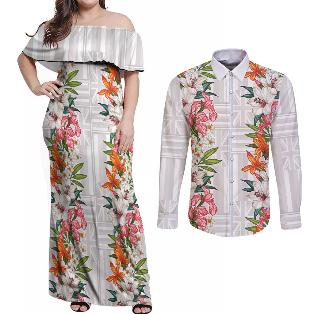 Hawaii Tropical Twist Lei Couples Matching Off Shoulder Maxi Dress and Long Sleeve Button Shirt Hawaiian Flag Motif