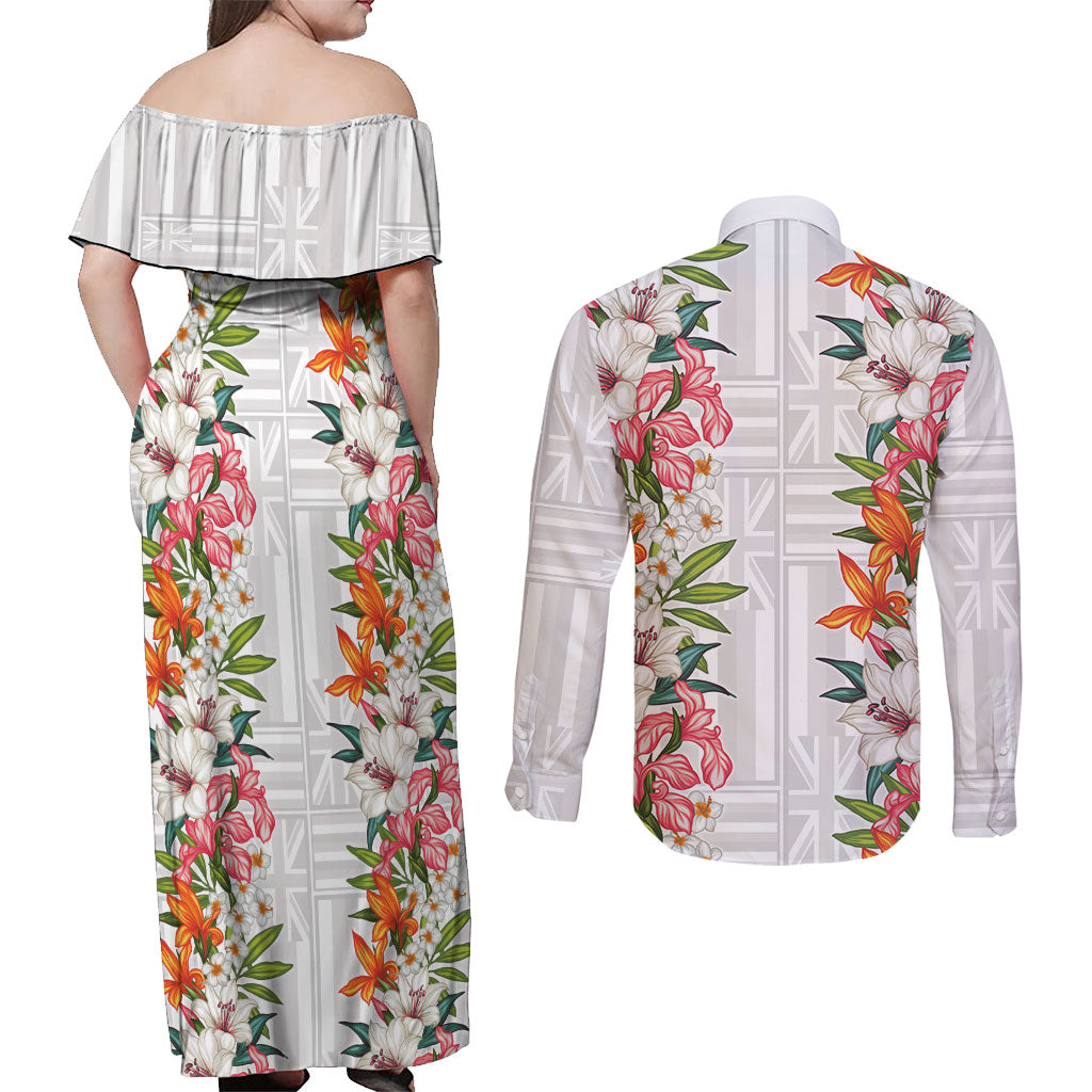 Hawaii Tropical Twist Lei Couples Matching Off Shoulder Maxi Dress and Long Sleeve Button Shirt Hawaiian Flag Motif