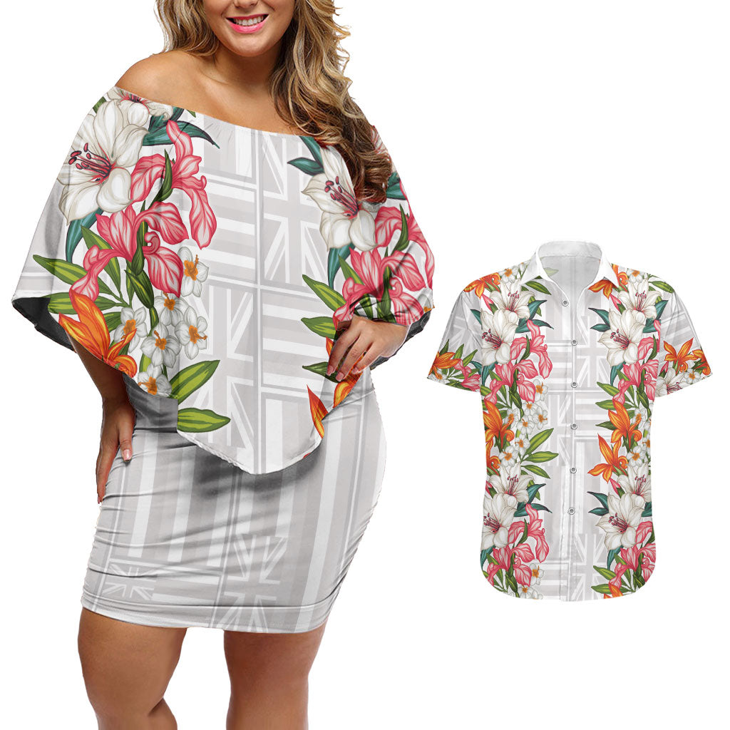 Hawaii Tropical Twist Lei Couples Matching Off Shoulder Short Dress and Hawaiian Shirt Hawaiian Flag Motif