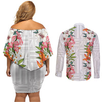 Hawaii Tropical Twist Lei Couples Matching Off Shoulder Short Dress and Long Sleeve Button Shirt Hawaiian Flag Motif
