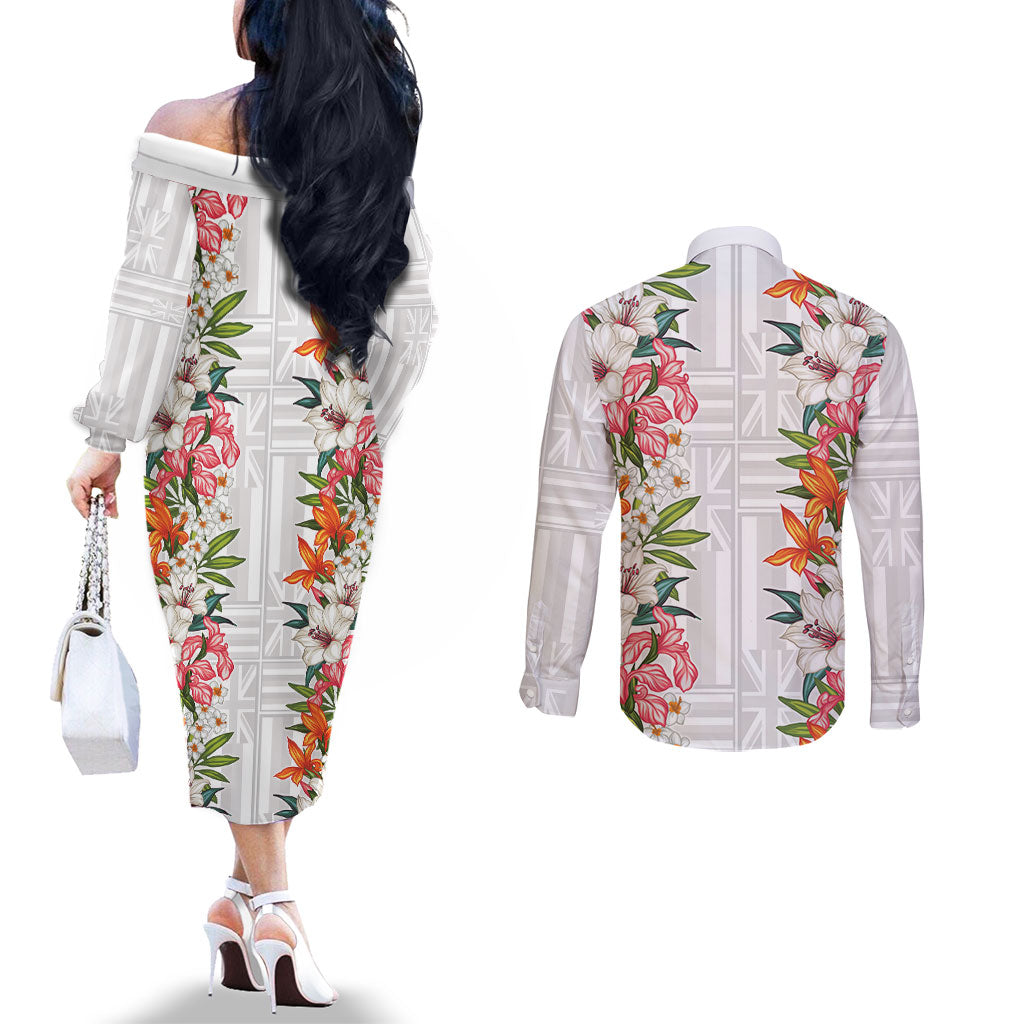 Hawaii Tropical Twist Lei Couples Matching Off The Shoulder Long Sleeve Dress and Long Sleeve Button Shirt Hawaiian Flag Motif