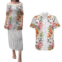 Hawaii Tropical Twist Lei Couples Matching Puletasi and Hawaiian Shirt Hawaiian Flag Motif