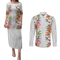 Hawaii Tropical Twist Lei Couples Matching Puletasi and Long Sleeve Button Shirt Hawaiian Flag Motif