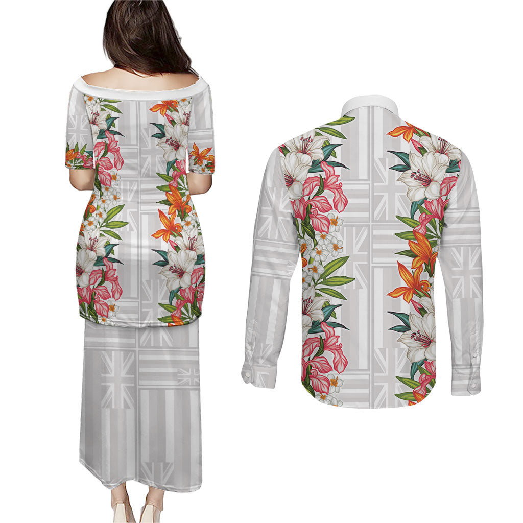 Hawaii Tropical Twist Lei Couples Matching Puletasi and Long Sleeve Button Shirt Hawaiian Flag Motif