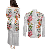 Hawaii Tropical Twist Lei Couples Matching Puletasi and Long Sleeve Button Shirt Hawaiian Flag Motif