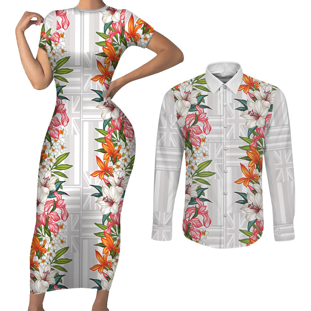 Hawaii Tropical Twist Lei Couples Matching Short Sleeve Bodycon Dress and Long Sleeve Button Shirt Hawaiian Flag Motif LT9 White - Polynesian Pride