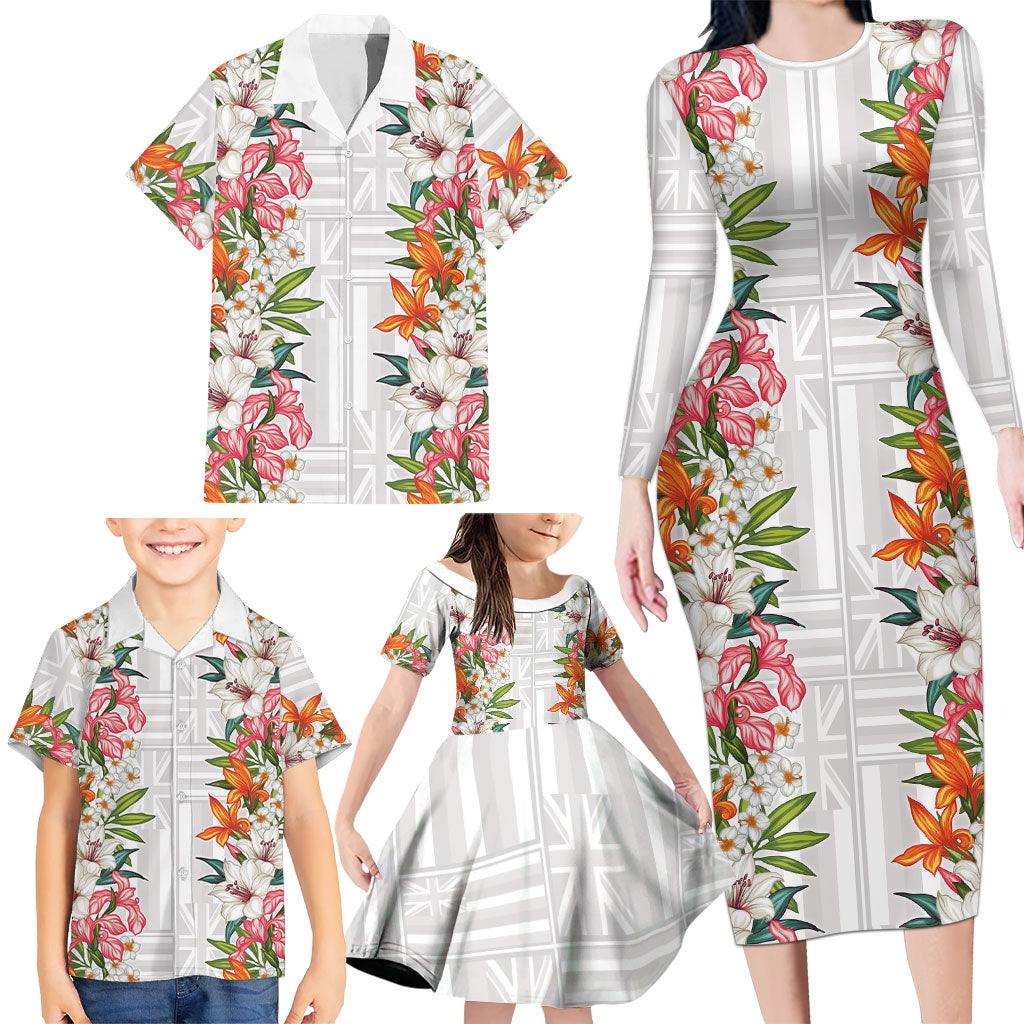 Hawaii Tropical Twist Lei Family Matching Long Sleeve Bodycon Dress and Hawaiian Shirt Hawaiian Flag Motif