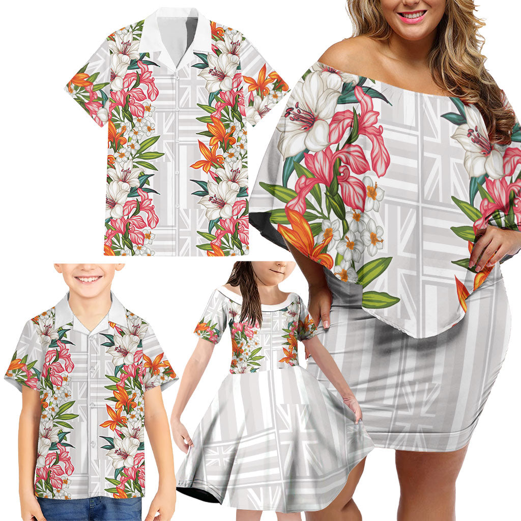 Hawaii Tropical Twist Lei Family Matching Off Shoulder Short Dress and Hawaiian Shirt Hawaiian Flag Motif