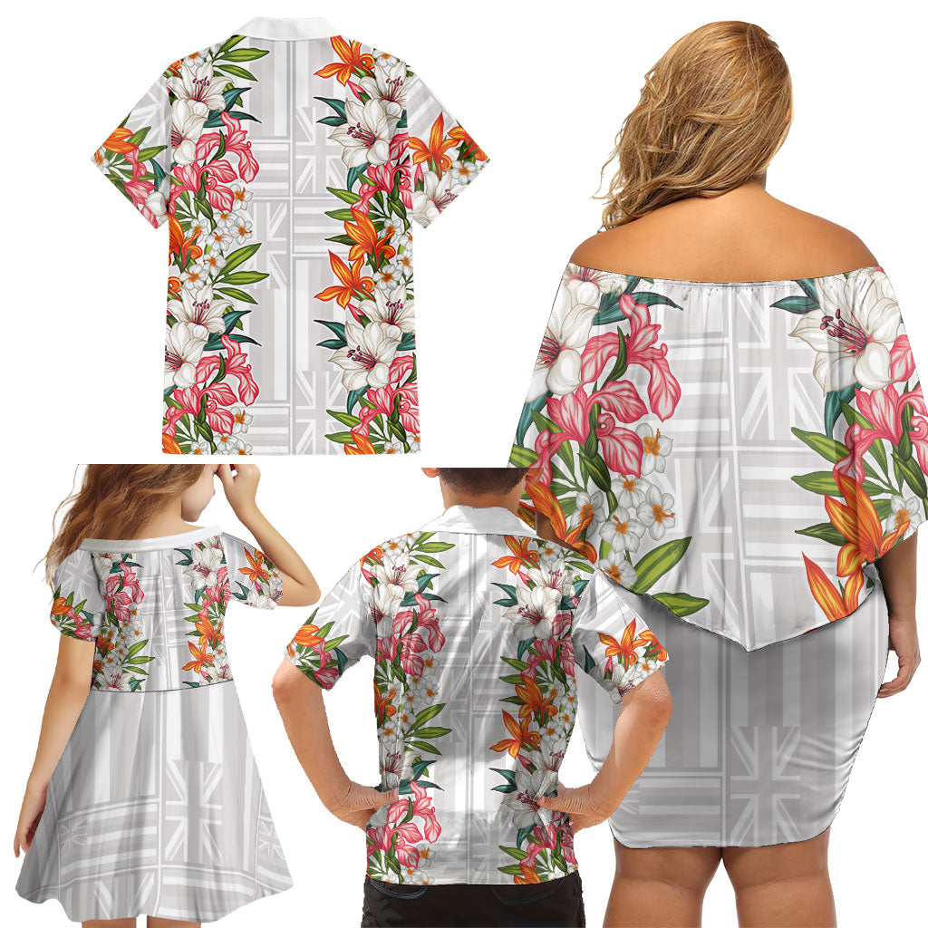 Hawaii Tropical Twist Lei Family Matching Off Shoulder Short Dress and Hawaiian Shirt Hawaiian Flag Motif