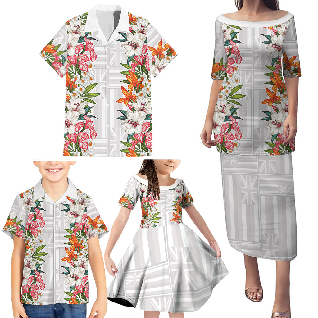 Hawaii Tropical Twist Lei Family Matching Puletasi and Hawaiian Shirt Hawaiian Flag Motif