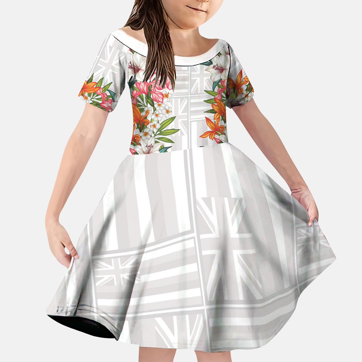 Hawaii Tropical Twist Lei Kid Short Sleeve Dress Hawaiian Flag Motif LT9 KID White - Polynesian Pride