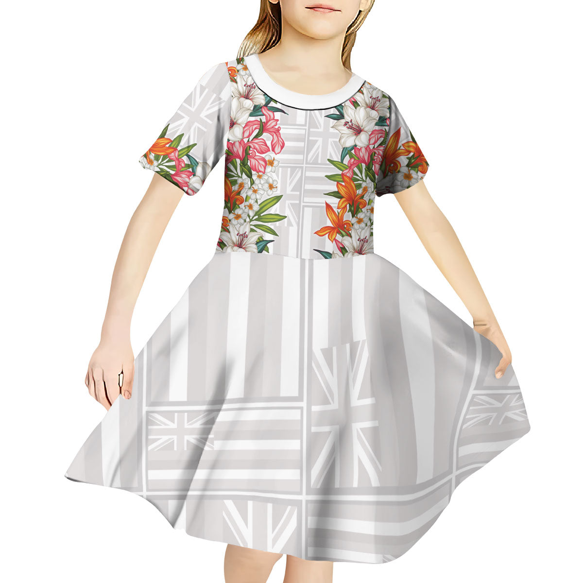 Hawaii Tropical Twist Lei Kid Short Sleeve Dress Hawaiian Flag Motif